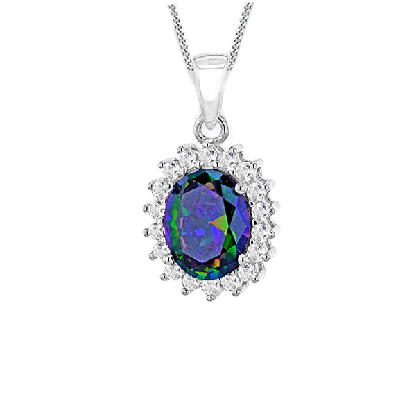 Sterling Silver Rhodium Plated Aurora Borealis and White CZ Oval Cluster Pendant