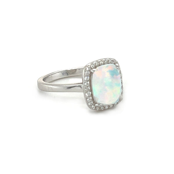 Sterling Silver Created Opal & CZ Oval Rectangular Halo Ring side