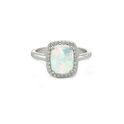 Sterling Silver Created Opal & CZ Oval Rectangular Halo Ring