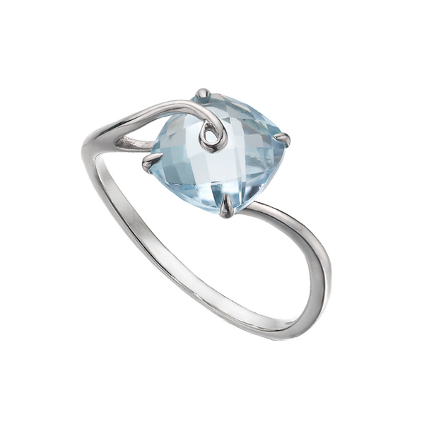 Cushion Blue Topaz Chequerboard Ring 9ct White Gold