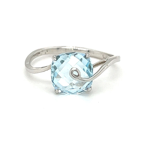 Cushion Blue Topaz Chequerboard Ring 9ct White Gold