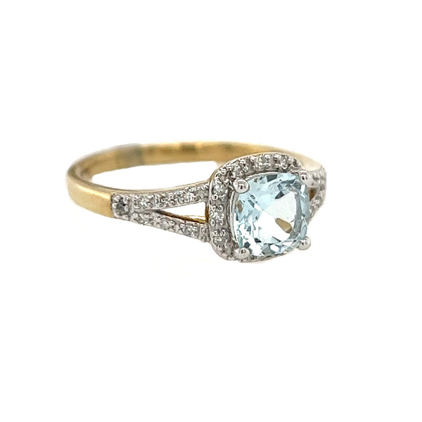 Cushion Cut Aquamarine & Diamond Ring 9ct Gold side