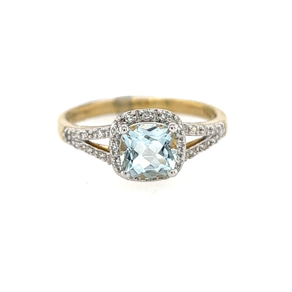 Cushion Cut Aquamarine & Diamond Ring 9ct Gold