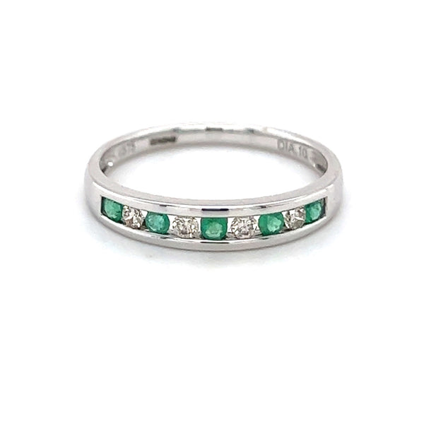 Emerald & Diamond 9 Stone Channel Set Eternity Ring 9ct White Gold