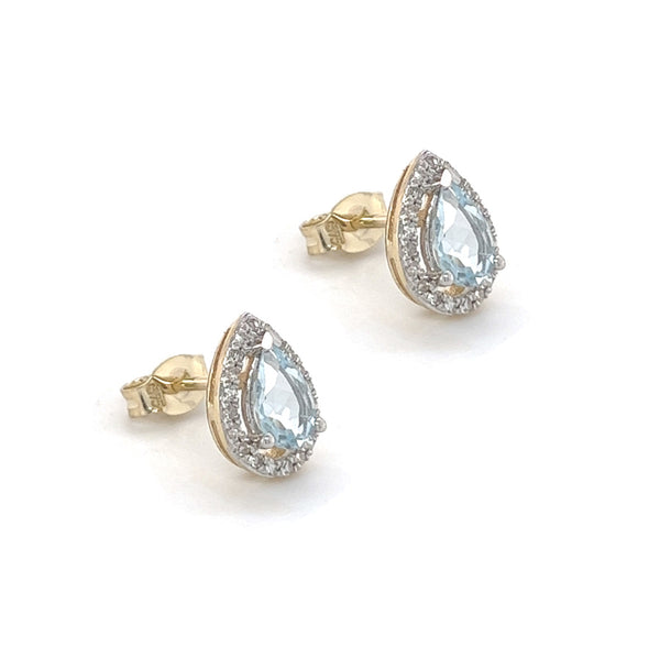 9ct Gold Pear Shaped Aquamarine & Diamond Cluster Earrings side