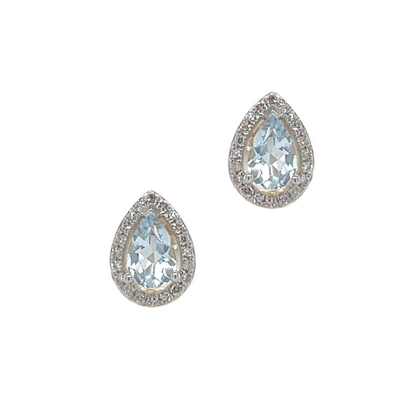 9ct Gold Pear Shaped Aquamarine & Diamond Cluster Earrings