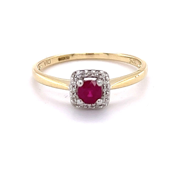 Ruby & Diamond Cushion Cluster Ring 9ct Gold