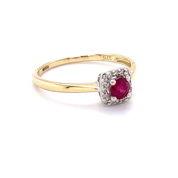 Ruby & Diamond Cushion Cluster Ring 9ct Gold