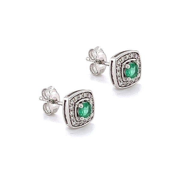 9ct White Gold Square Cushion Emerald & Diamond Earrings side