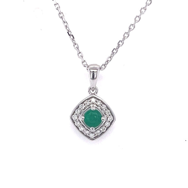9ct White Gold Cushion Shaped Emerald & Diamond Pendant