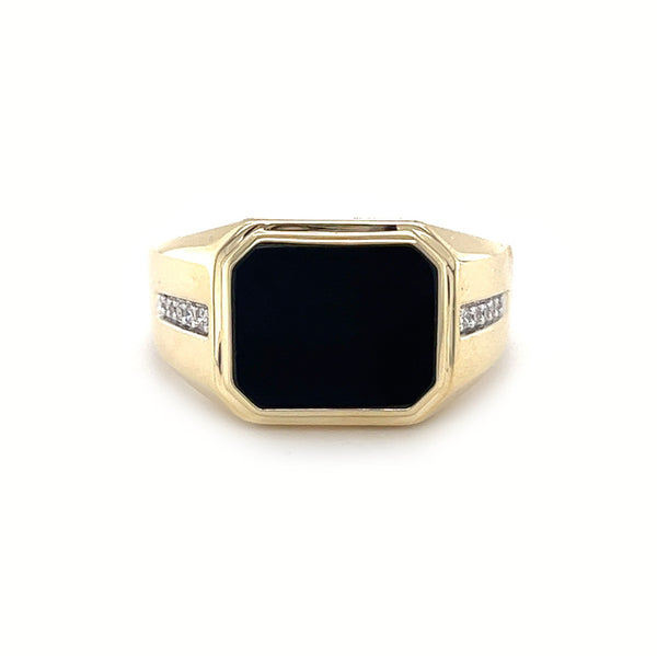Octagonal Onyx & Diamond Signet Ring 9ct Gold