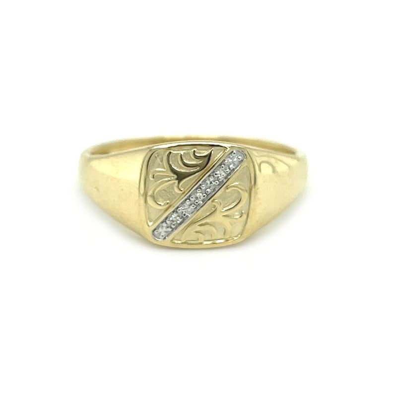 Diamond Patterned Signet Ring 9ct Gold
