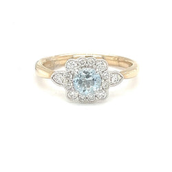 Aquamarine & Diamond Vintage Style Ring 9ct Gold