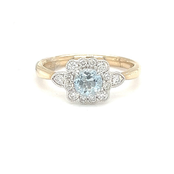 Aquamarine & Diamond Vintage Style Ring 9ct Gold