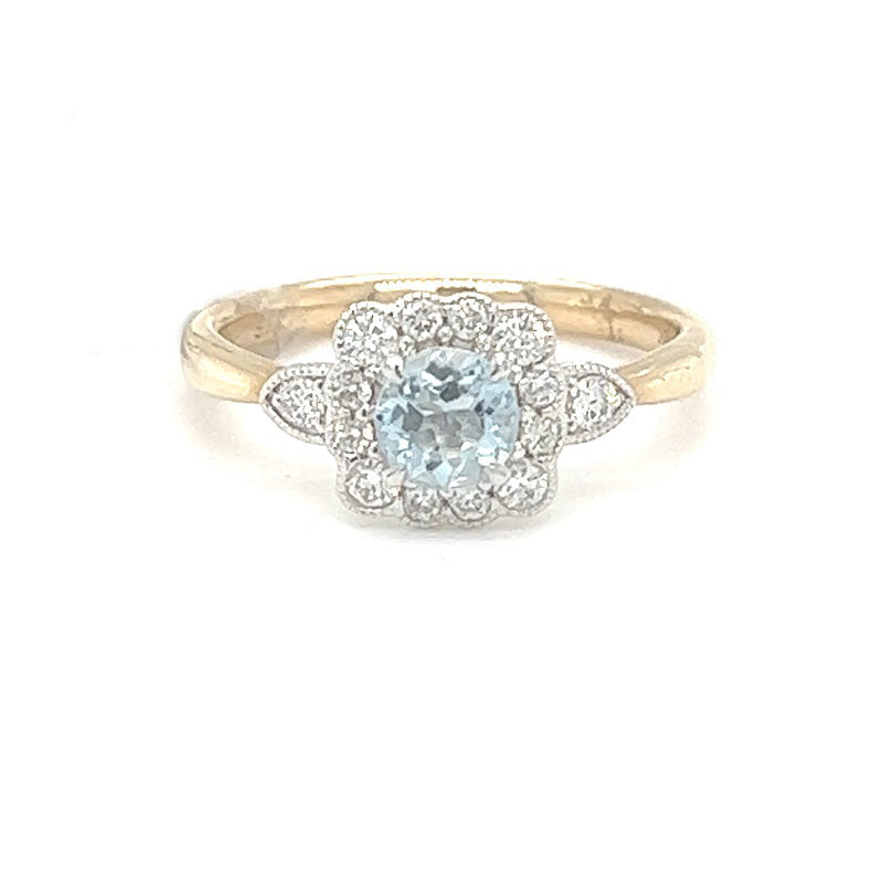 Aquamarine & Diamond Vintage Style Ring 9ct Gold
