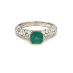 Square Emerald & Pave Diamond Ring 18ct White Gold