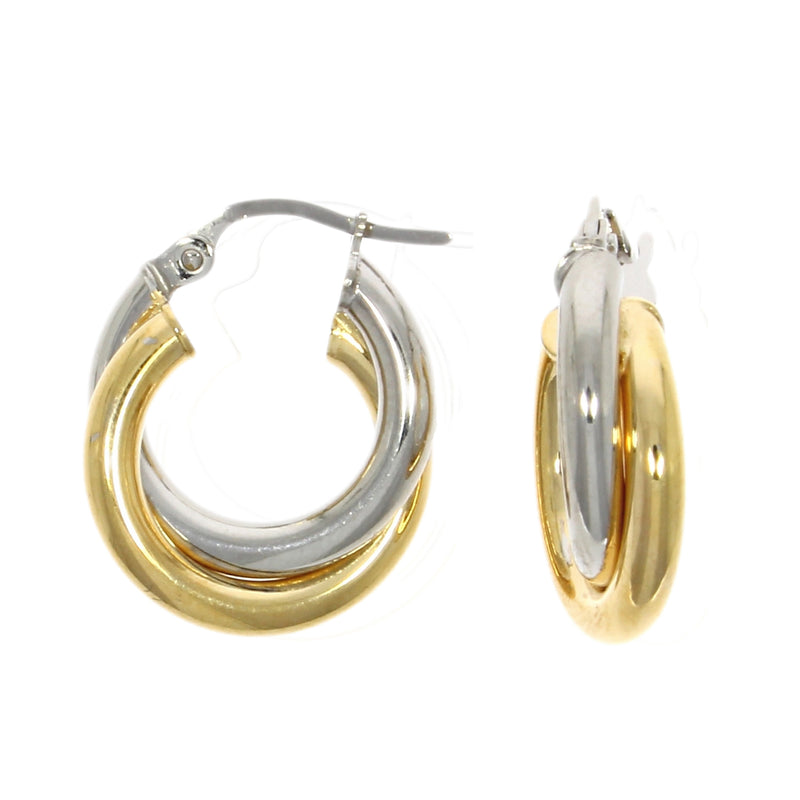 Yellow and White Double Hoop Earrings 9ct Gold font and side