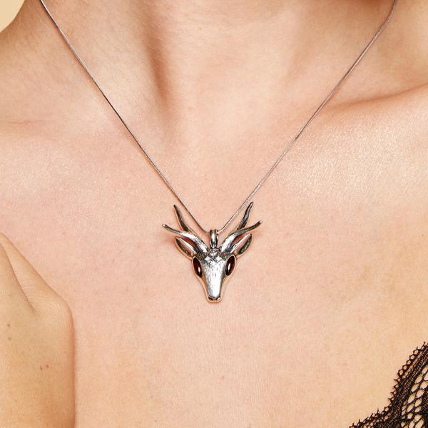 Henryka Large Stag Head Necklace in Silver and Amber