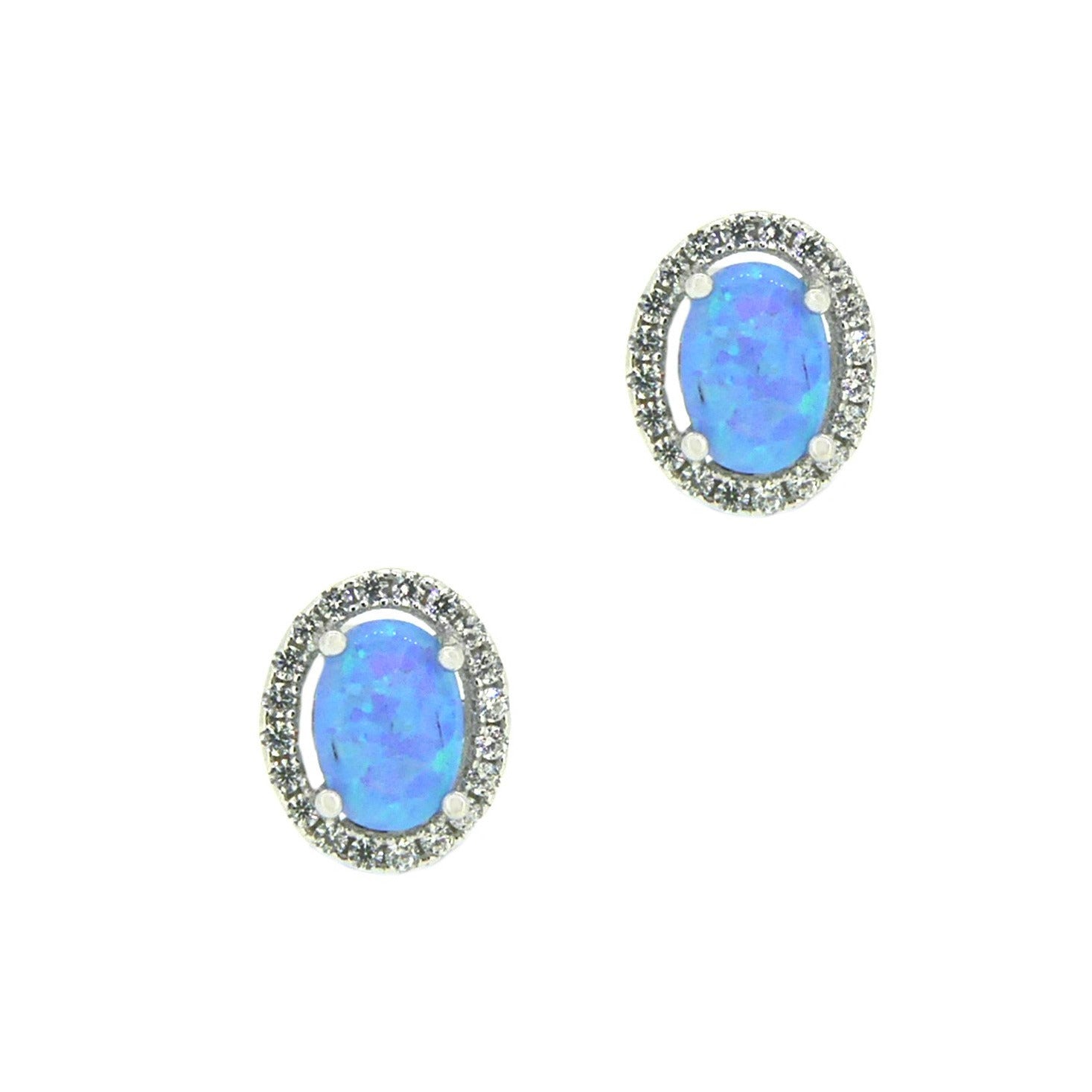 Sterling Silver CZ Oval Halo Cultured Opal Earrings