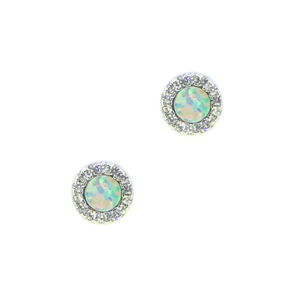 Sterling Silver 7mm Created Opal & CZ Earrings