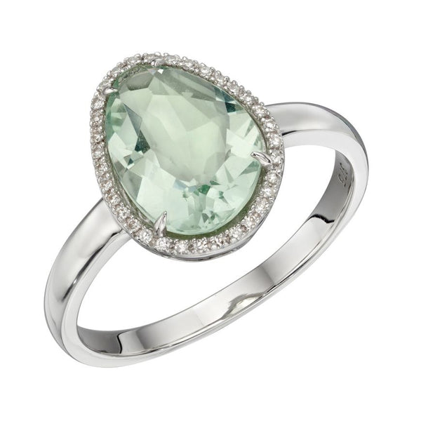 Green Fluorite & Diamond Ring 9ct White Gold