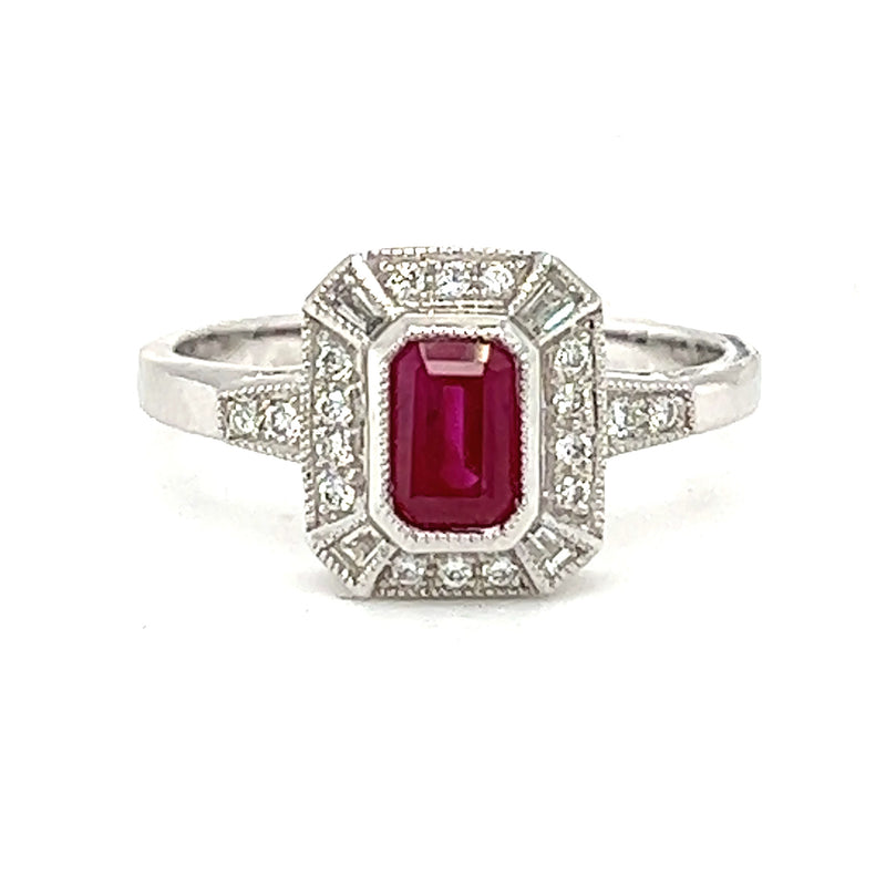Ruby & Diamond Octagonal Cluster Ring 18ct White Gold