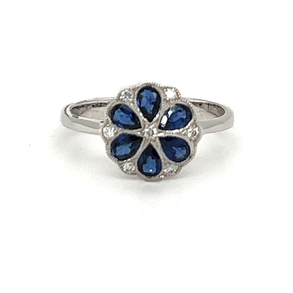 Sapphire & Diamond Pear Cluster Ring 18ct White Gold