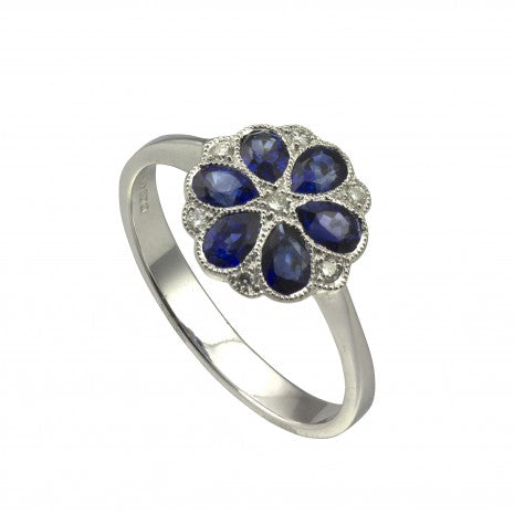 Sapphire & Diamond Pear Cluster Ring 18ct White Gold
