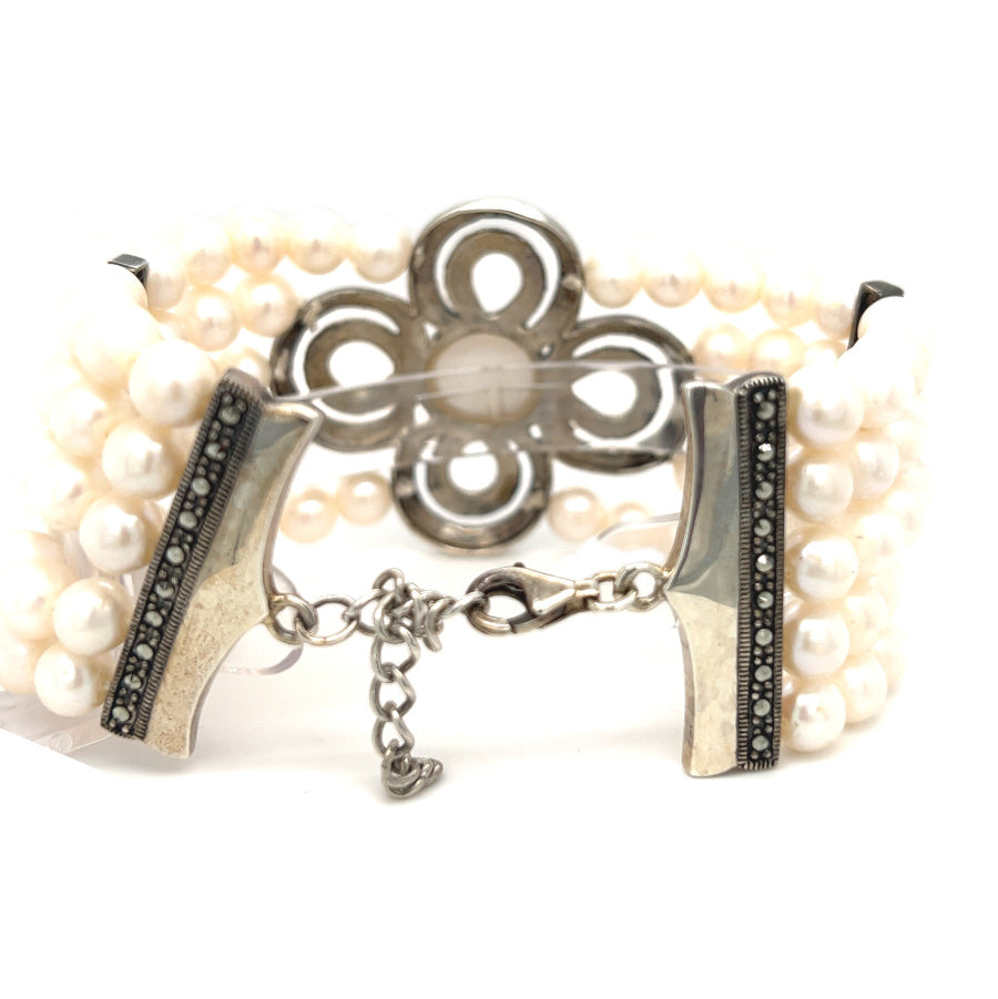 5 Row Fresh Water Pearl Silver & Marcasite Bracelet rear