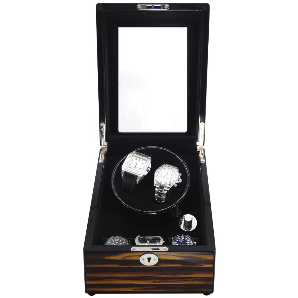 Luxury Double Watch Winder & 3 Slot Wooden Watch Case open