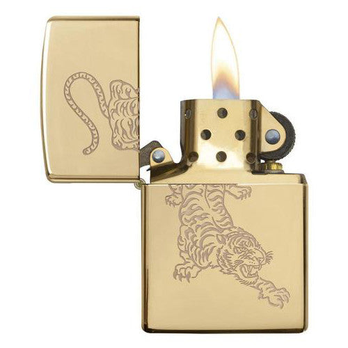Zippo High Polished Brass Tiger Lighter 29884 open