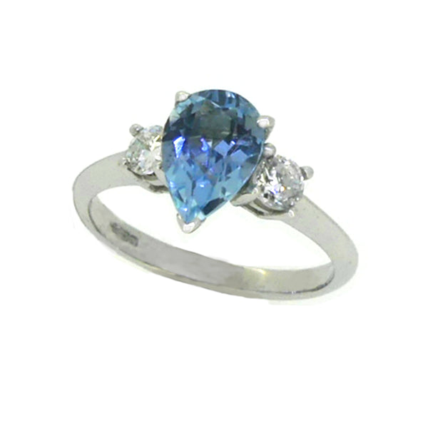 Pear Shaped Aquamarine & Diamond 3 Stone Ring 18ct White Gold