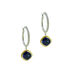 Silver CZ Hoop with Blue Stone Drop Earrings