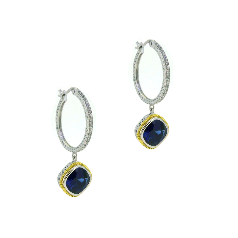 Silver CZ Hoop with Blue Stone Drop Earrings
