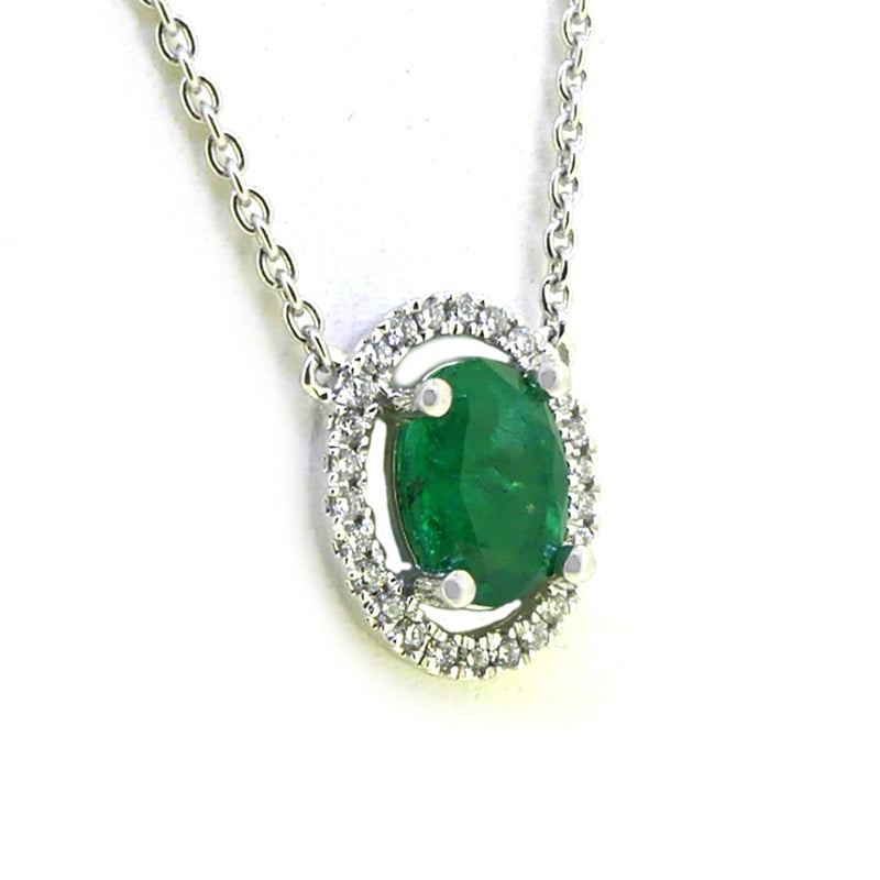 18ct White Gold Emerald & Diamond Halo Necklace