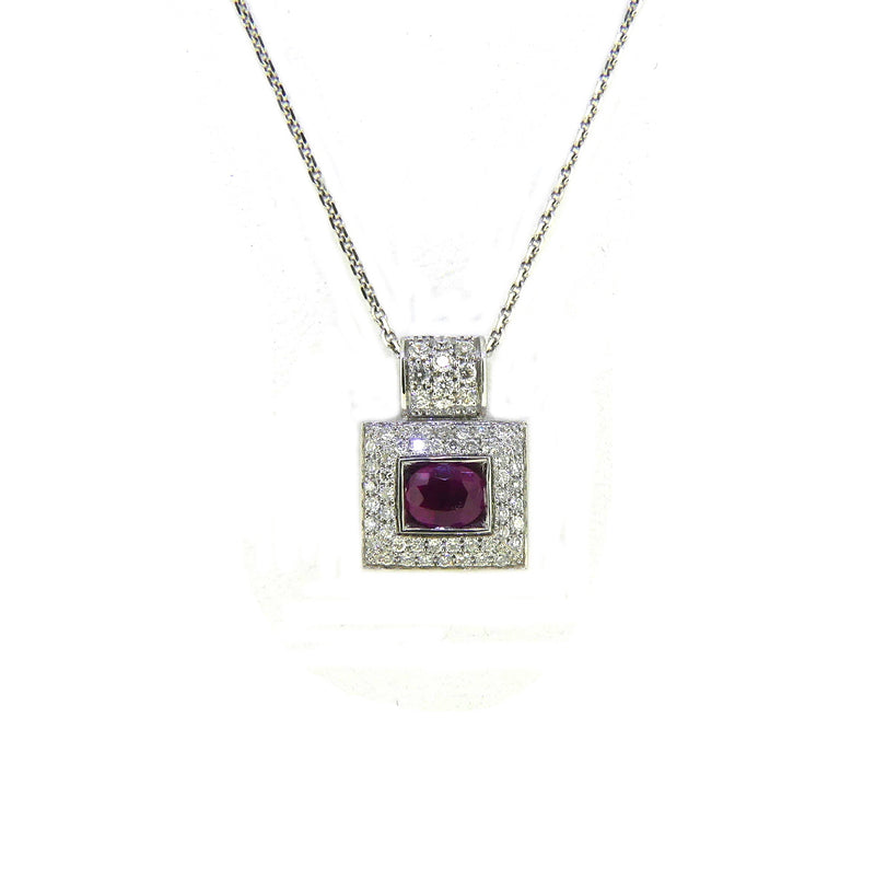 18ct White Gold Ruby & Diamond Square Necklace