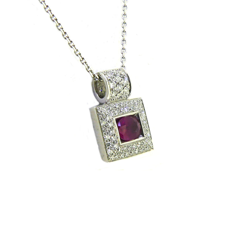 18ct White Gold Ruby & Diamond Square Necklace - Side