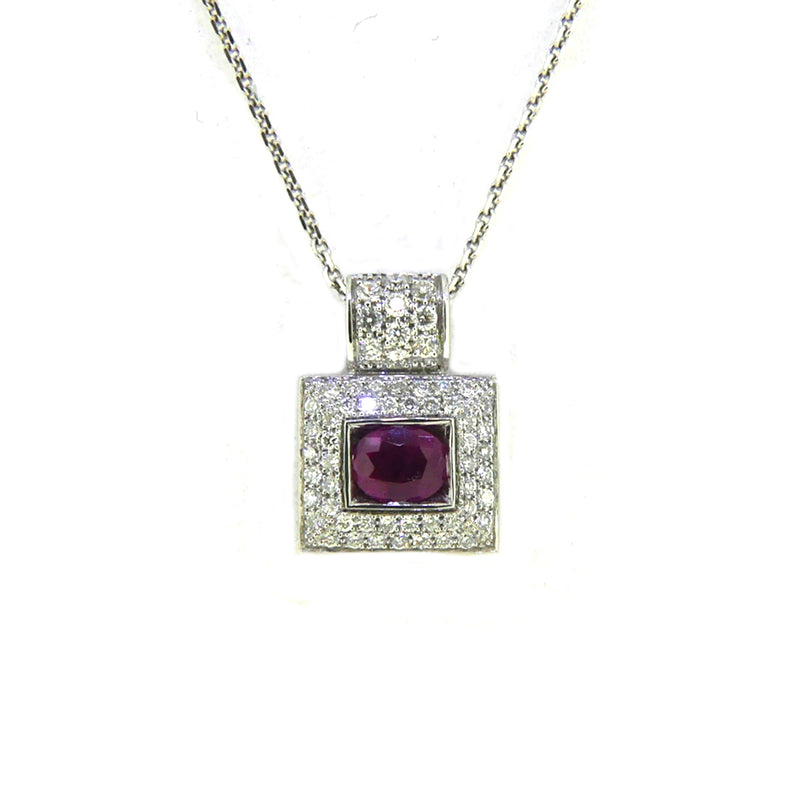 18ct White Gold Ruby & Diamond Square Necklace