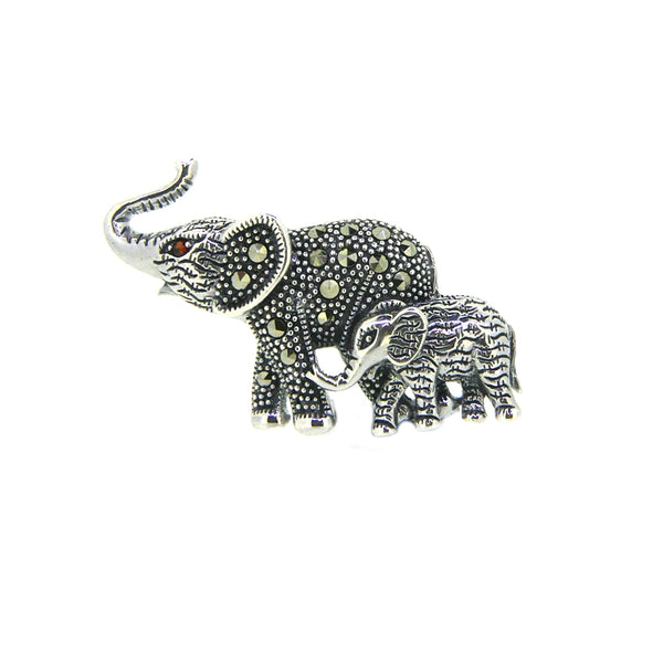 Silver Marcasite Mother & Baby Elephant Brooch PDBR078SIL