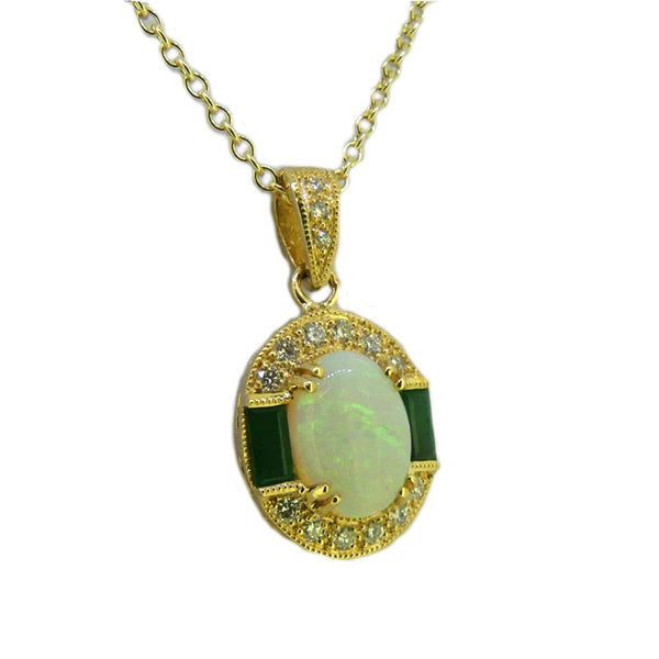 Opal, Emerald & Diamond Vintage Style Penadant 9ct Gold