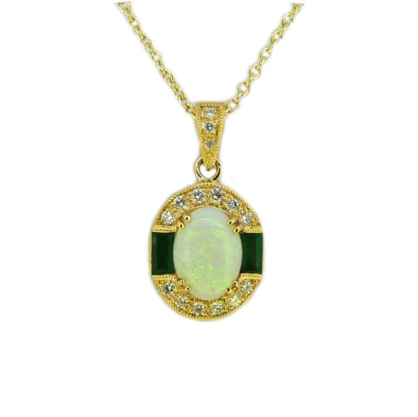 Opal, Emerald & Diamond Vintage Style Penadant 9ct Gold