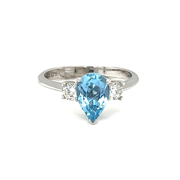 Pear Shaped Aquamarine & Diamond 3 Stone Ring 18ct White Gold