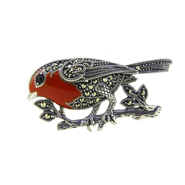 Silver Marcasite & Enamel Robin Brooch