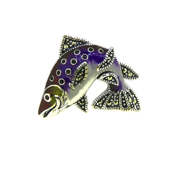 Silver Marcasite Enamel Salmon Brooch