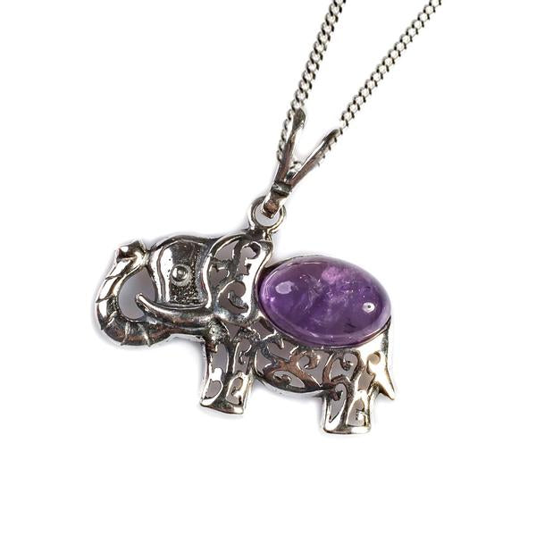 Henryka Indian Elephant Necklace in Silver and Amethyst - 18"/45.5cm