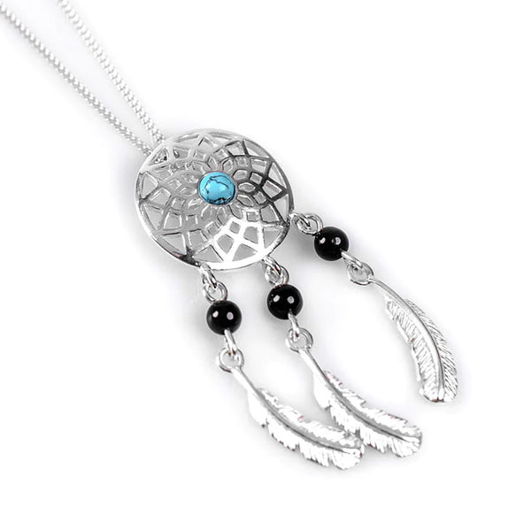 Henryka Handmade Dreamcatcher Necklace in Silver, Turquoise and Onyx
