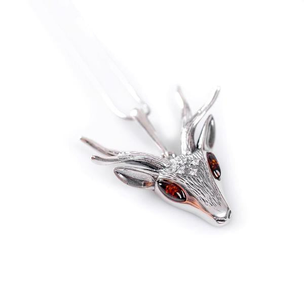 Henryka Large Stag Head Necklace in Silver and Amber