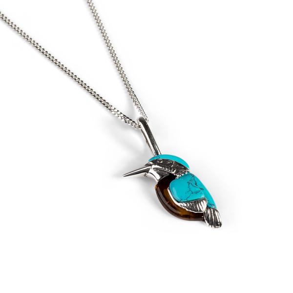 Henryka Minature Kingfisher Bird Necklace in Silver, Turquoise and Amber