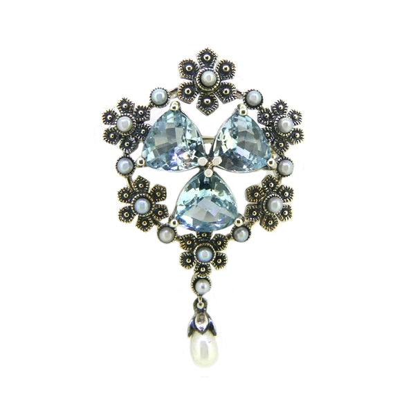 Silver Marcasite, Pearl  & Topaz Brooch