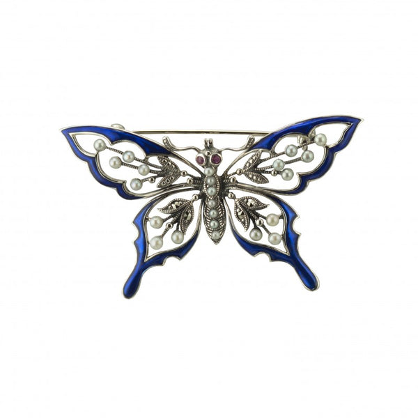 Silver Enamel & Pearl Butterfly Brooch